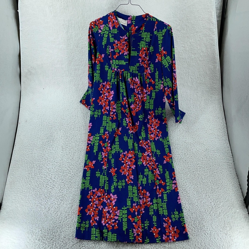 Vintage Mod Floral Maxi Dress Womens Medium Blue Red Green Long Sleeve Boho 70s‎
